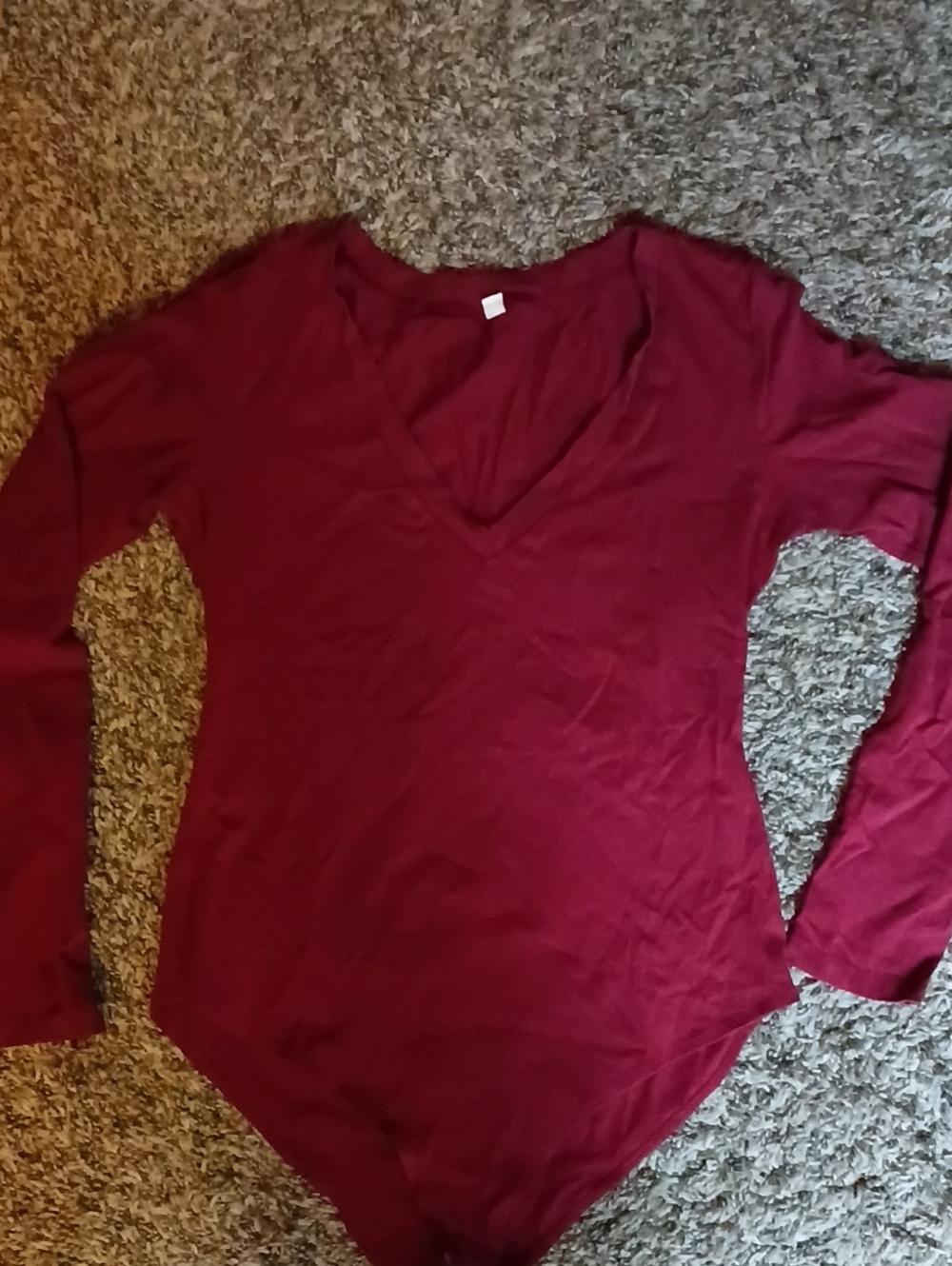 Women's Deep Red V-Neck Long Sleeve Bodysuit - Wine